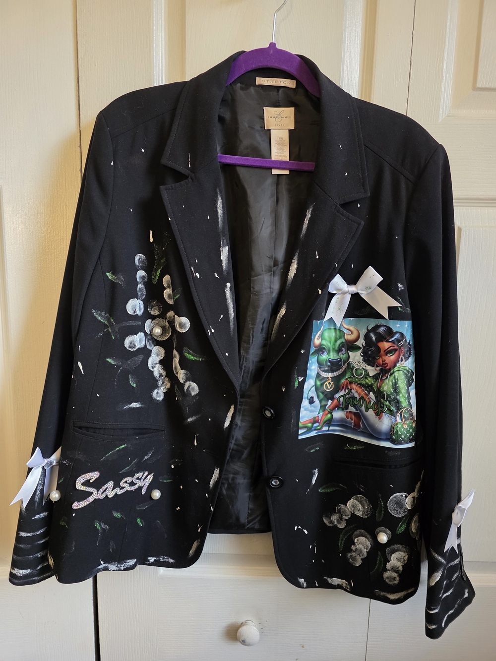 Emma James Black Hand-Painted Art Blazer with Green Accents